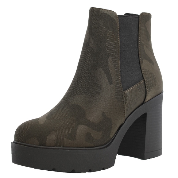 Shoes - Camouflage Faux Suede Chelsea Lug Block Heel Ankle